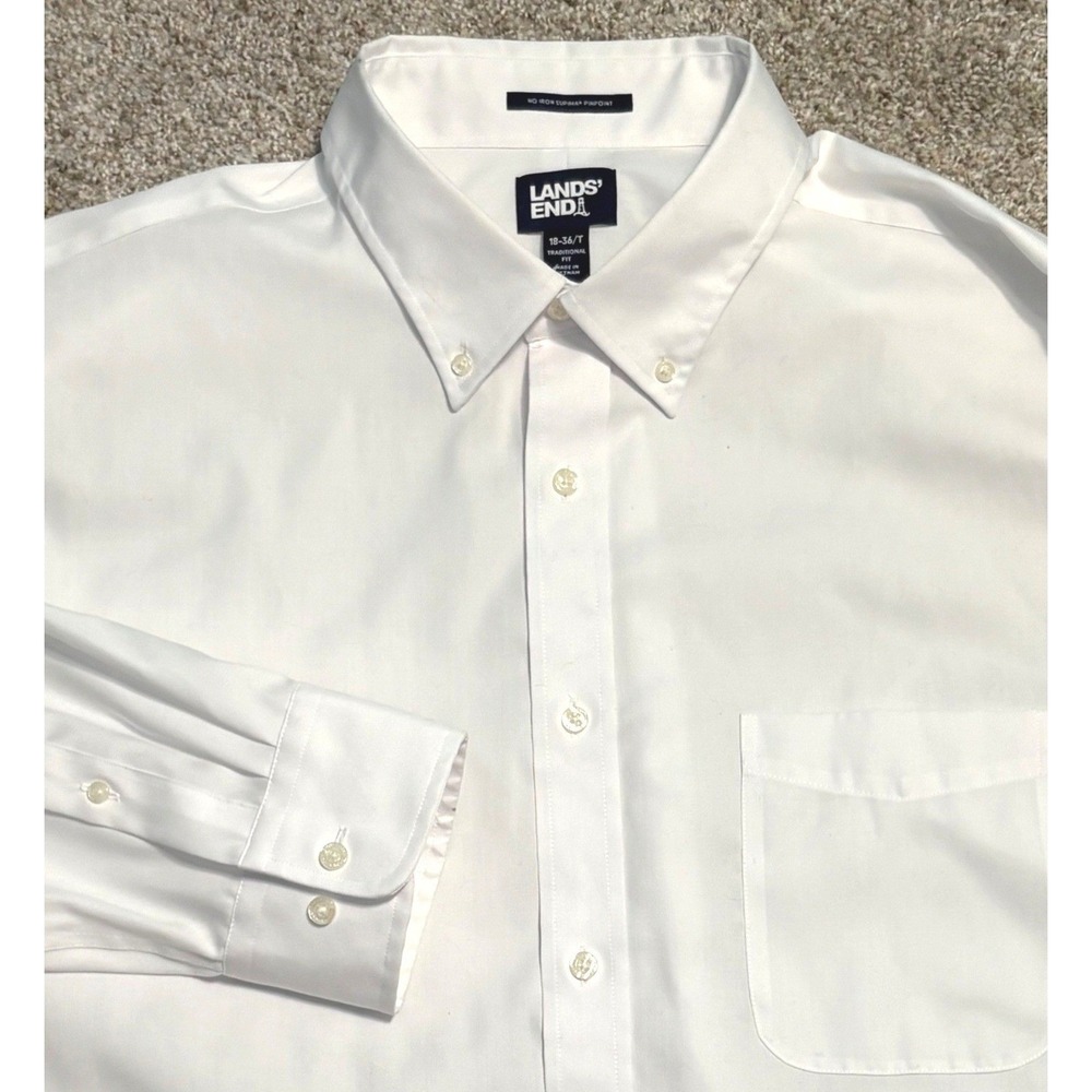 Lands' End Dress Shirt Men 18-36/T White No Iron Supima Pinpoint Traditional Fit